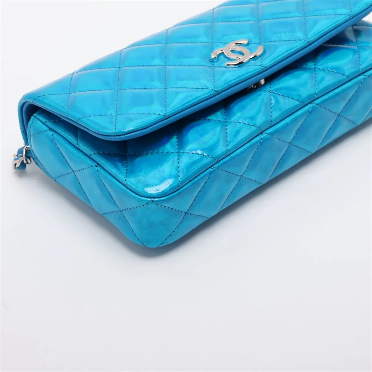 Matelassé Patent Leather Chain Shoulder Bag, Blue, Silver Hardware, CH8L2527, Random Serial Number — view 4