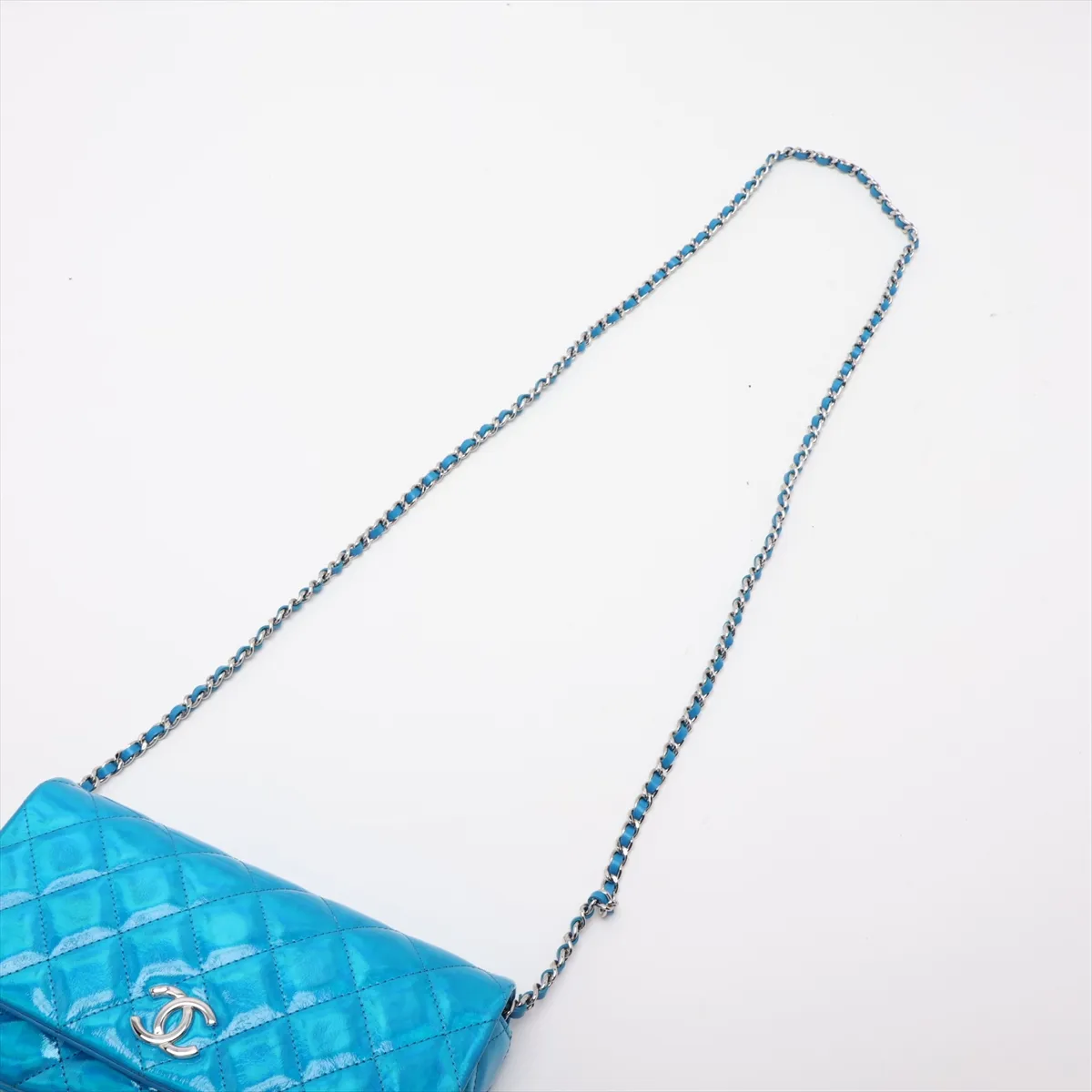 Matelassé Patent Leather Chain Shoulder Bag, Blue, Silver Hardware, CH8L2527, Random Serial Number — view 5