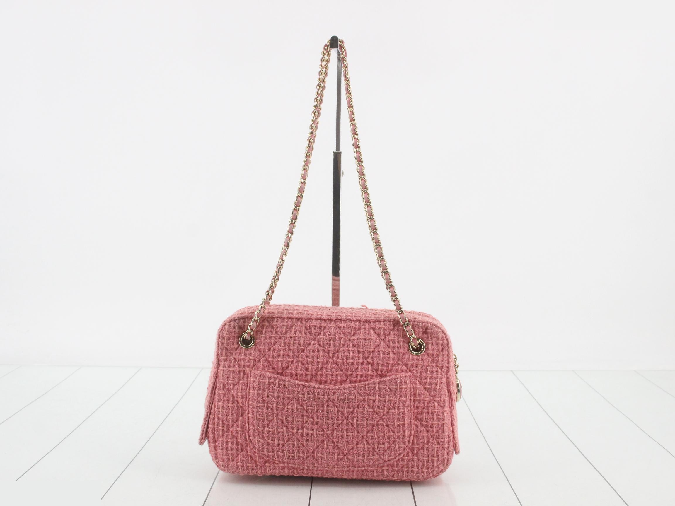 Matelassé Coco Mark Double Chain Shoulder Bag, Tweed/Lambskin, Pink, Series 30s — view 2