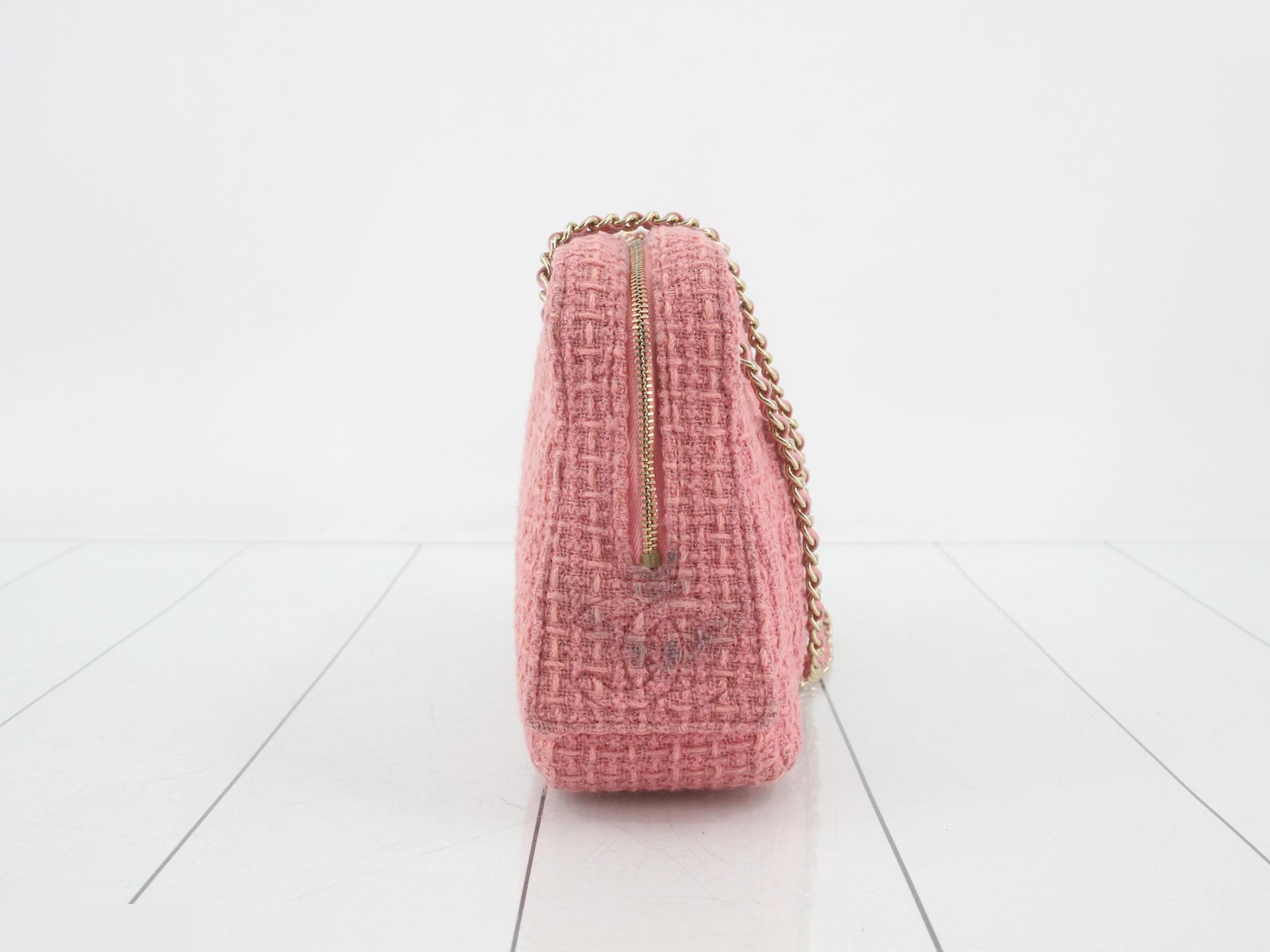Matelassé Coco Mark Double Chain Shoulder Bag, Tweed/Lambskin, Pink, Series 30s — view 3