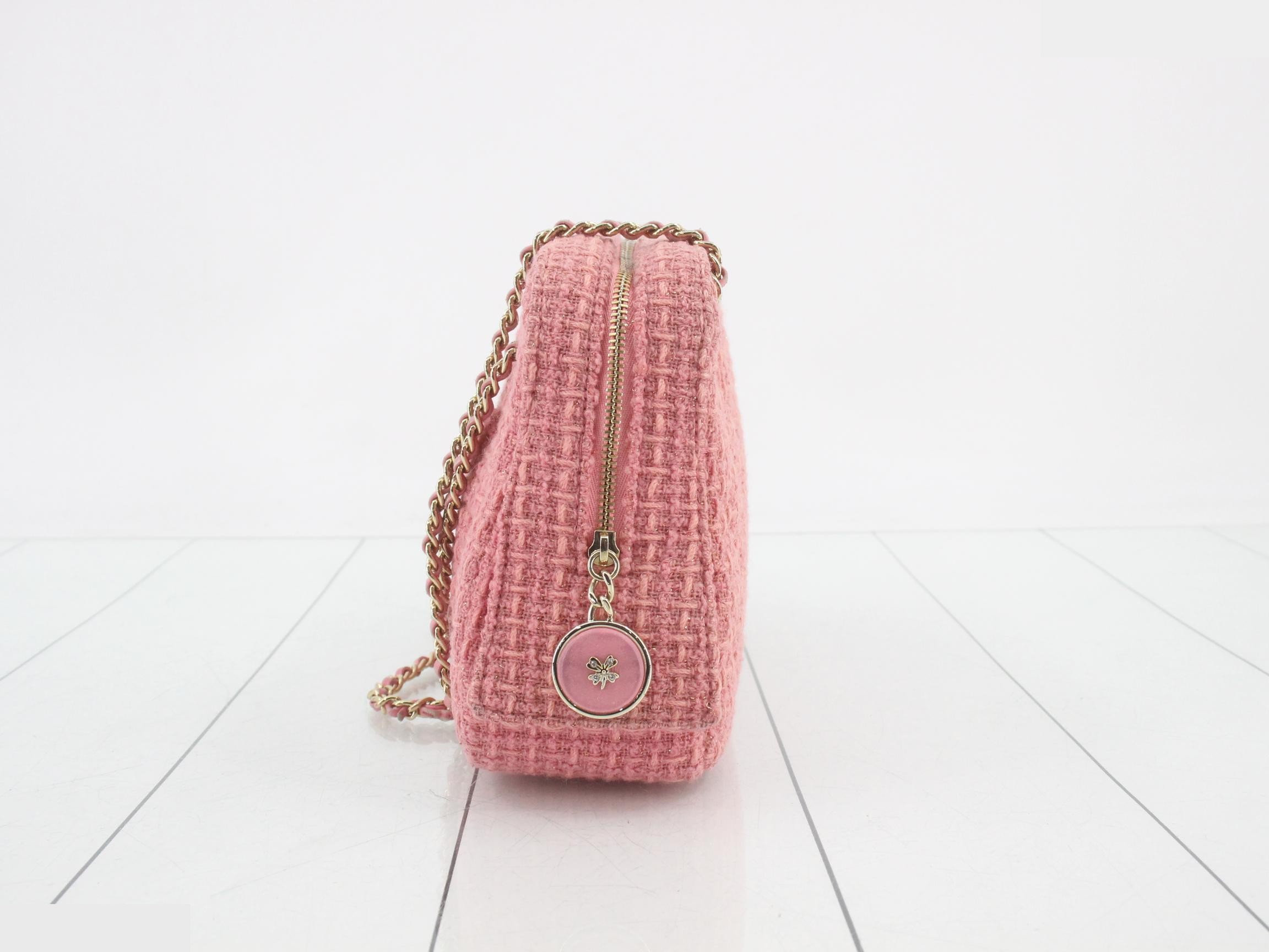 Matelassé Coco Mark Double Chain Shoulder Bag, Tweed/Lambskin, Pink, Series 30s — view 4