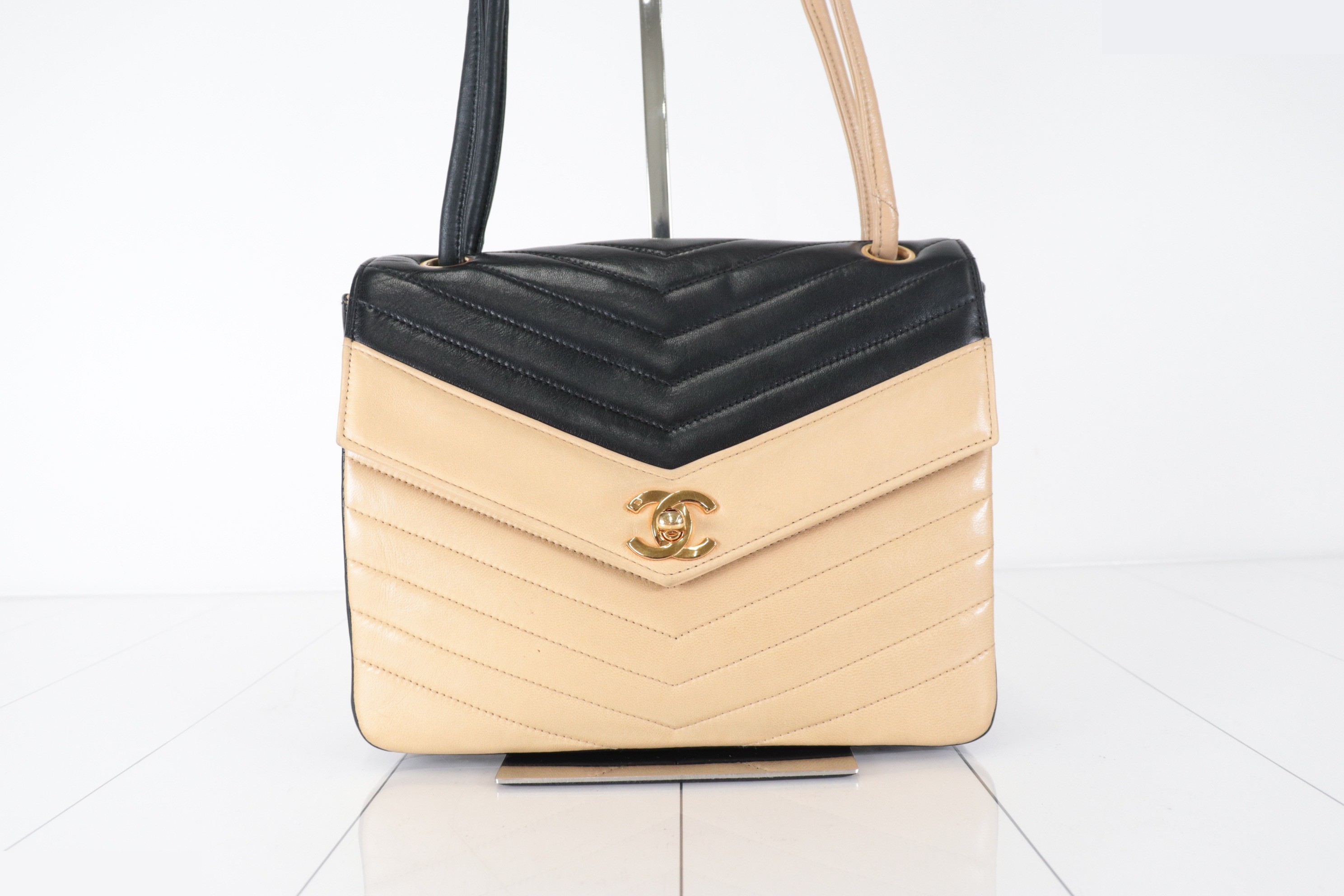 Chevron Lamb Bicolor Shoulder Bag, Black/Beige, Series 7 — view 2