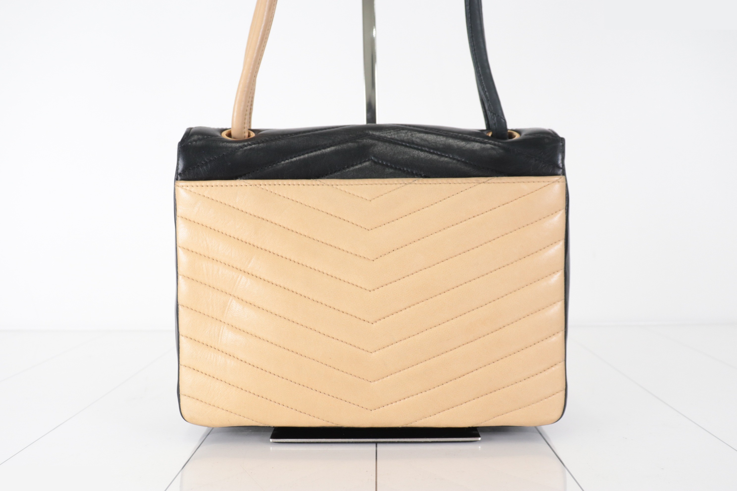 Chevron Lamb Bicolor Shoulder Bag, Black/Beige, Series 7 — view 3