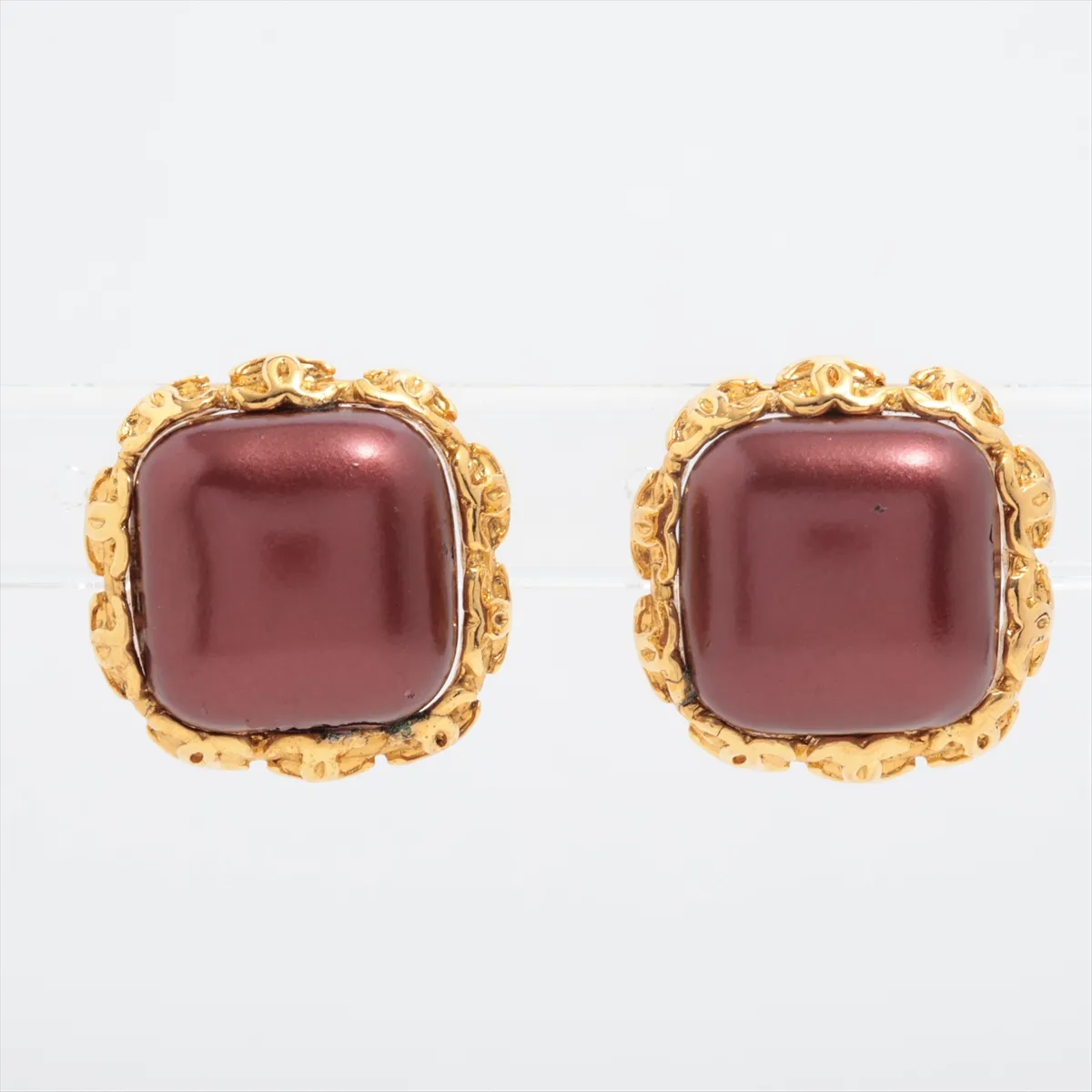 Coco Mark 28 Earrings (Pair) GP Gold x Bordeaux. Shows signs of wear,