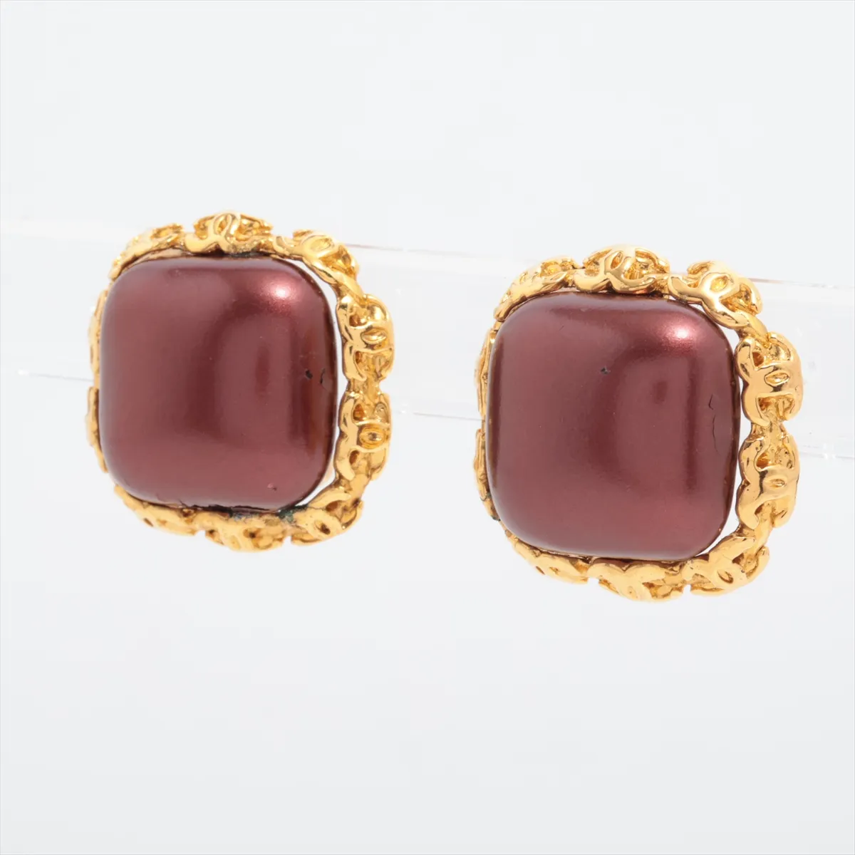 Coco Mark 28 Earrings (Pair) GP Gold x Bordeaux. Shows signs of wear, — view 3