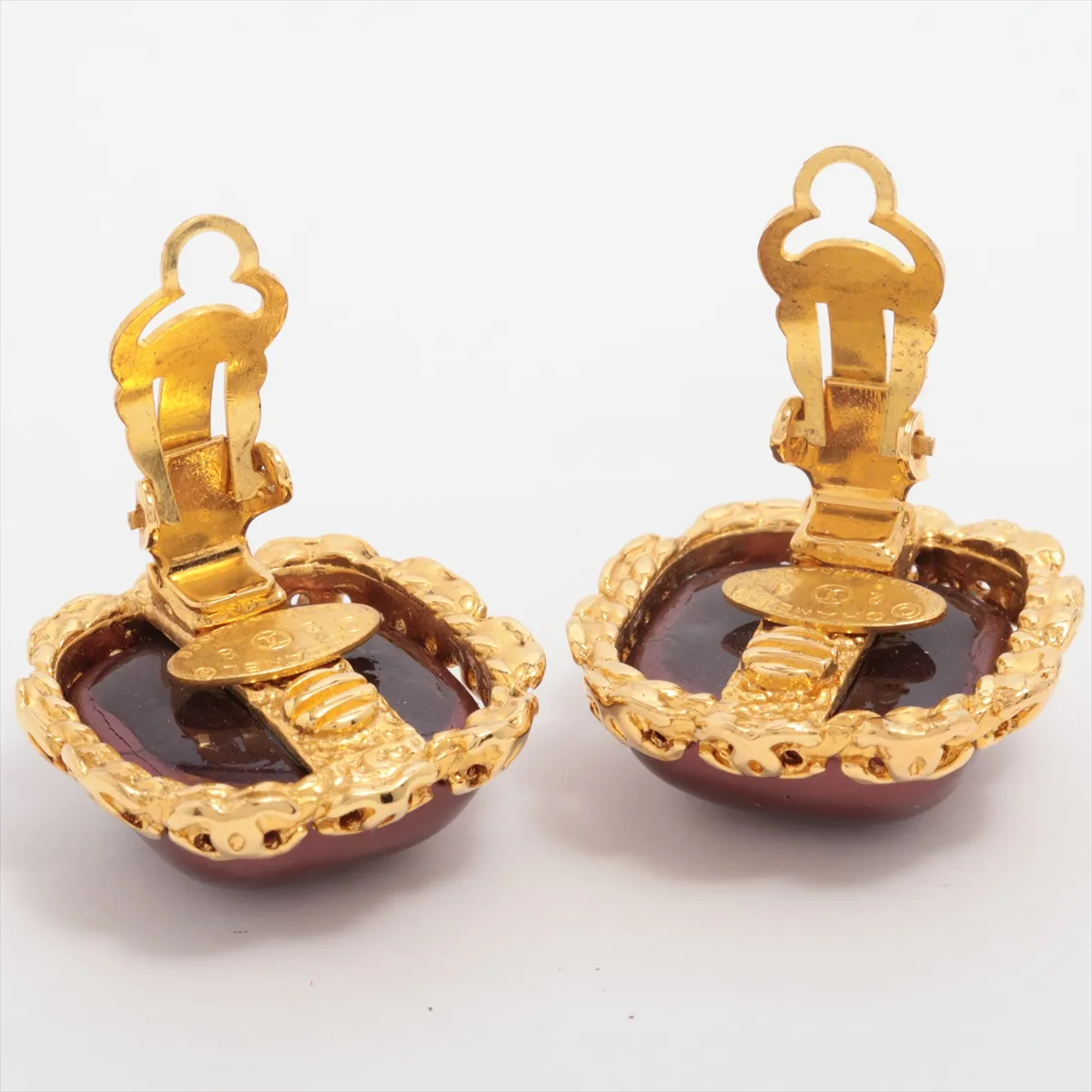 Coco Mark 28 Earrings (Pair) GP Gold x Bordeaux. Shows signs of wear, — view 4