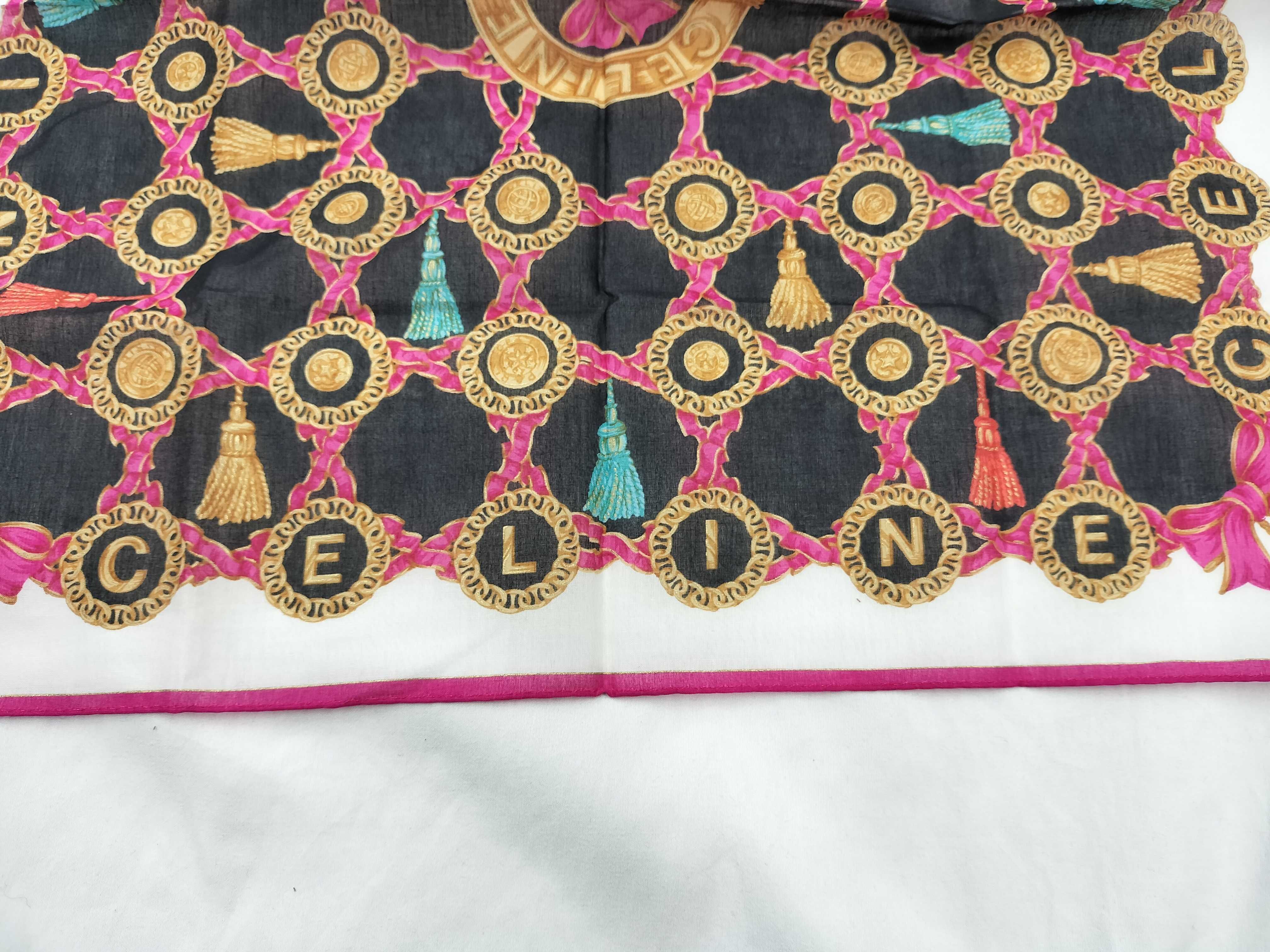 handkerchief scarf with sticker, ribbon, tassel, logo, and other accessories. — view 5