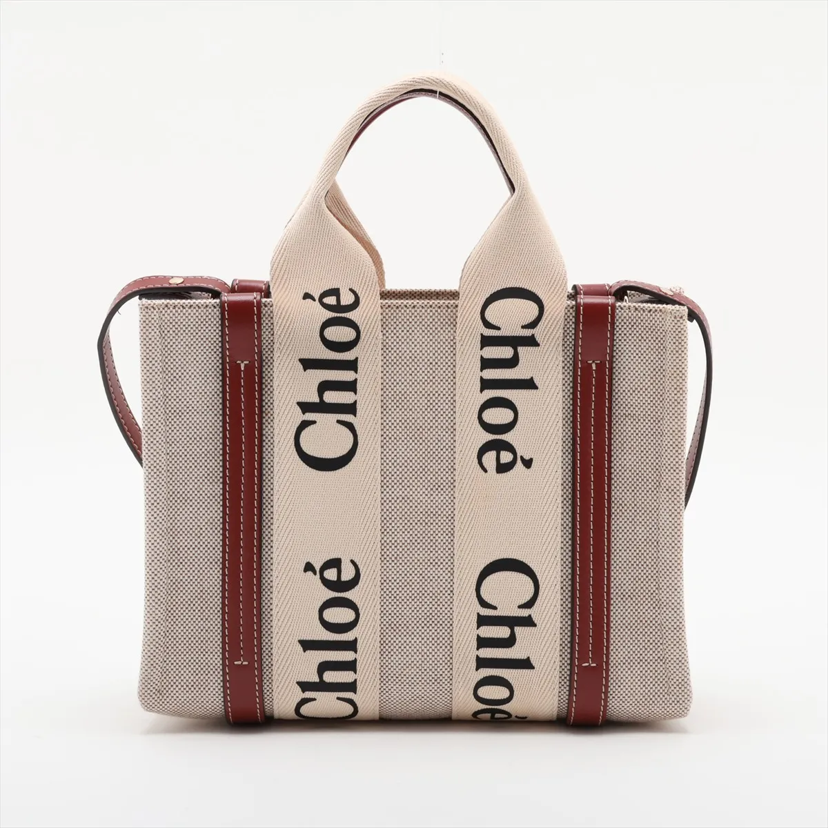 Woody Small Canvas x Leather 2-Way Handbag, Beige x Brown — view 2