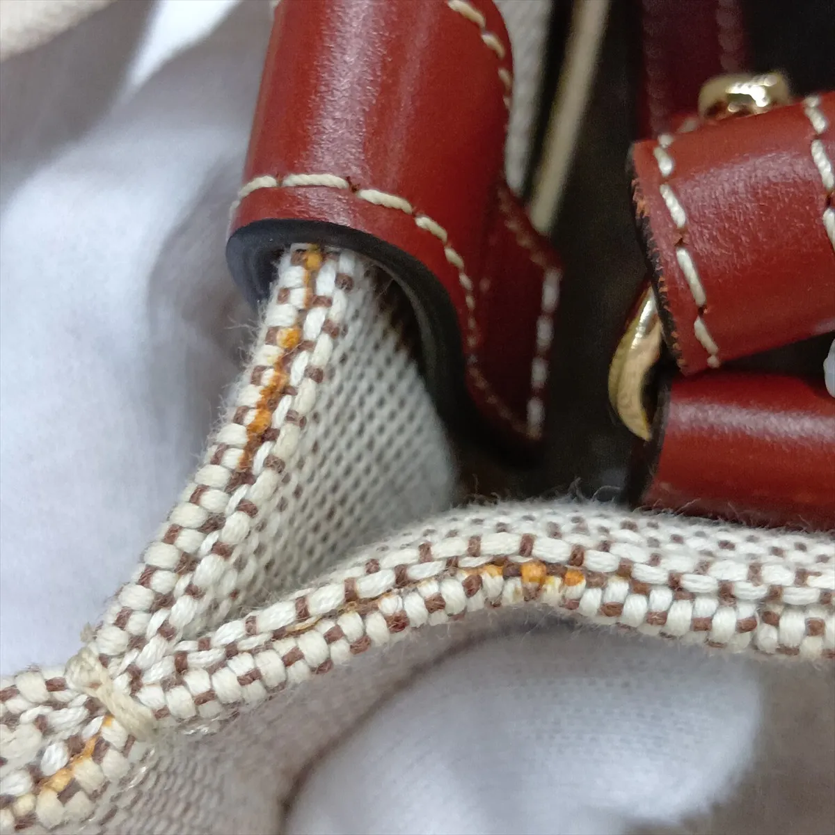Woody Small Canvas x Leather 2-Way Handbag, Beige x Brown — view 12