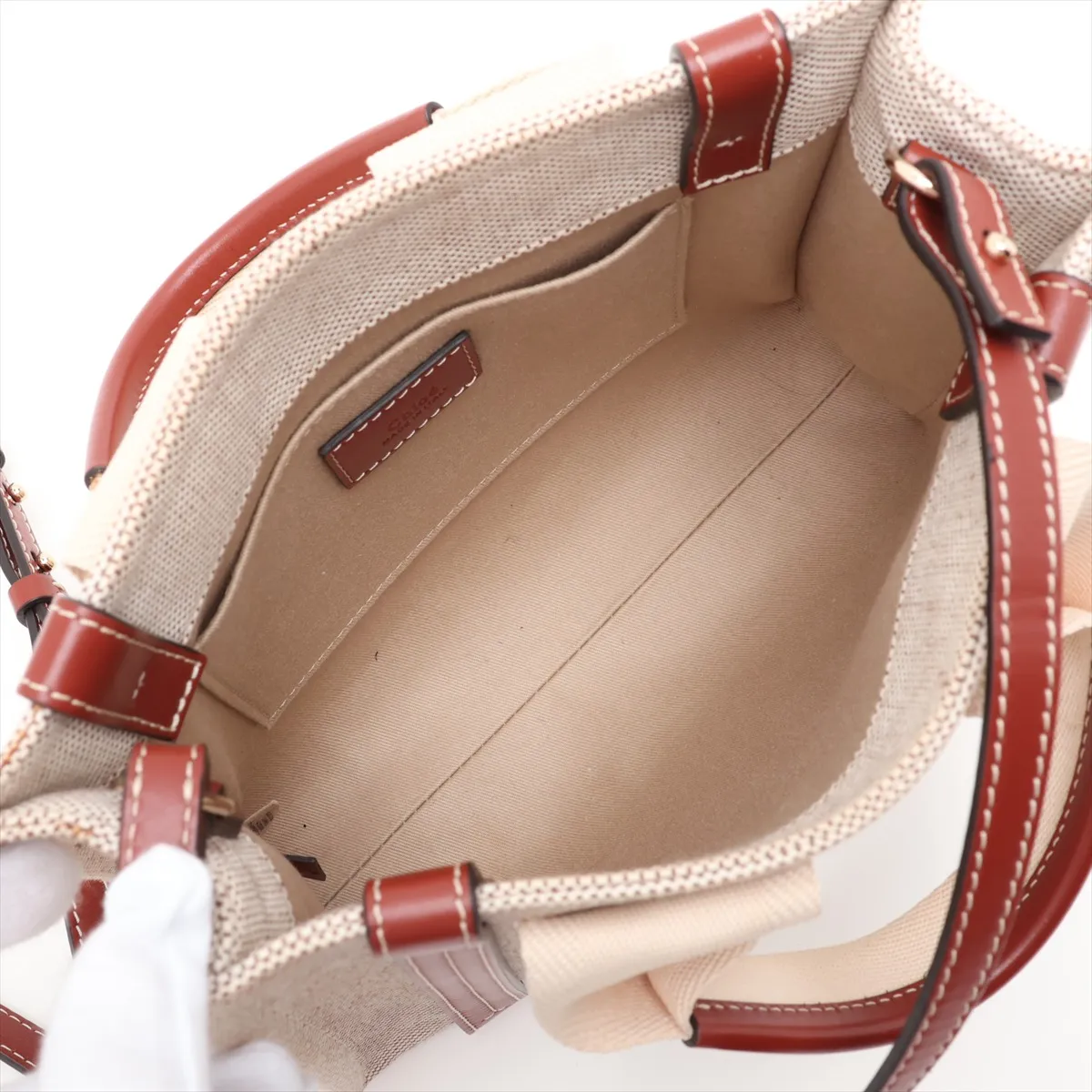 Woody Small Canvas x Leather 2-Way Handbag, Beige x Brown — view 8