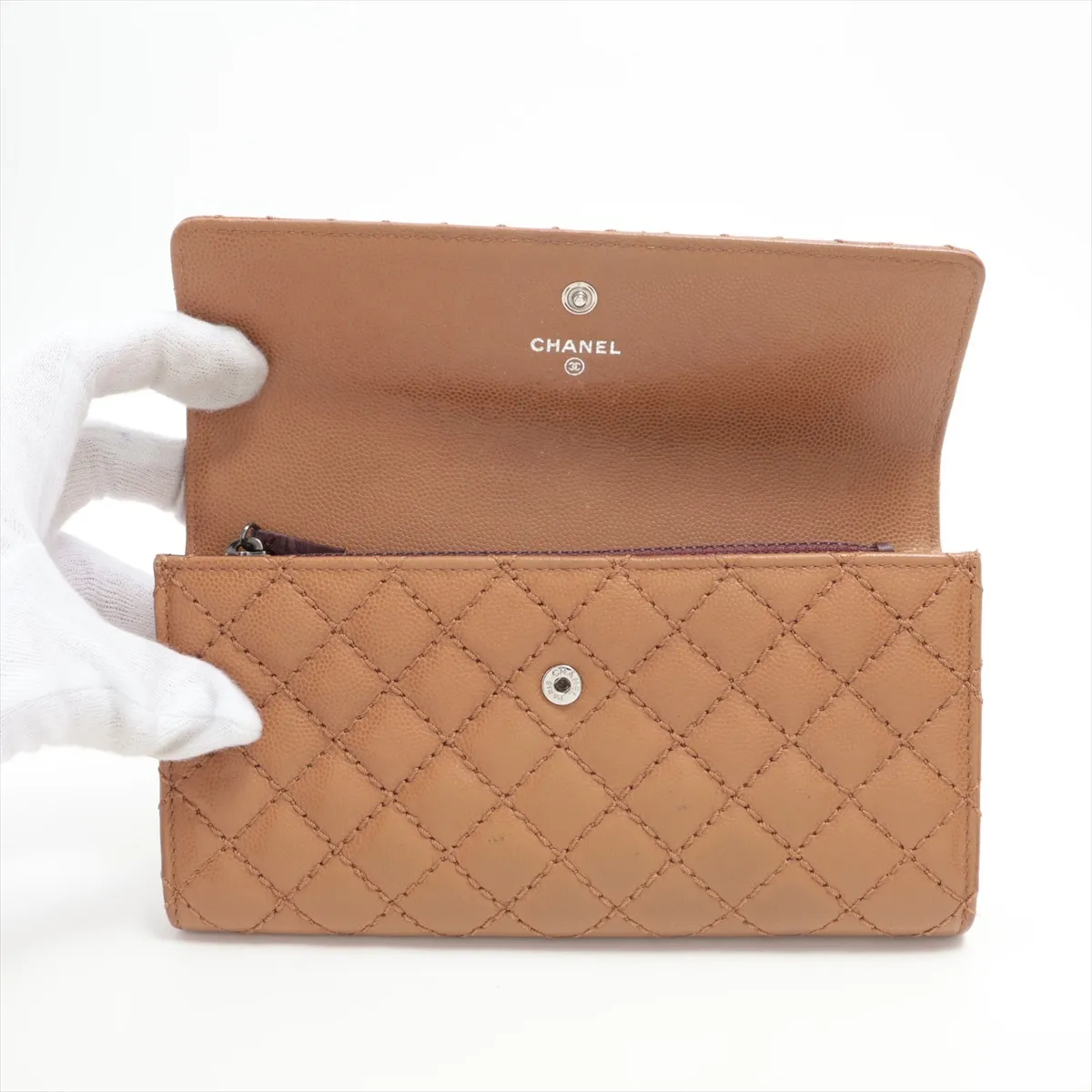 Matelassé Caviar Skin Long Wallet, Brown, Silver Hardware, 21495653 — view 3