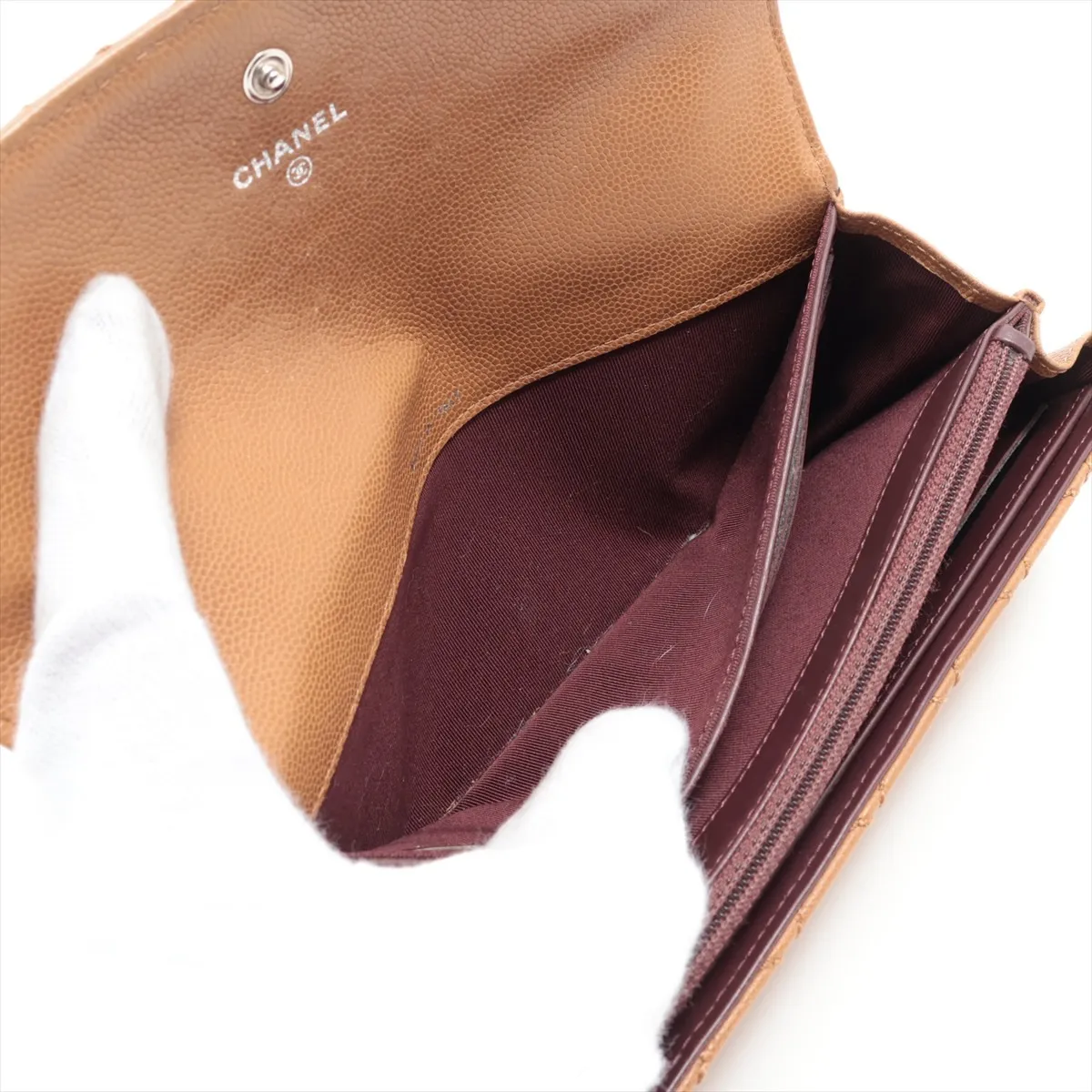 Matelassé Caviar Skin Long Wallet, Brown, Silver Hardware, 21495653 — view 4