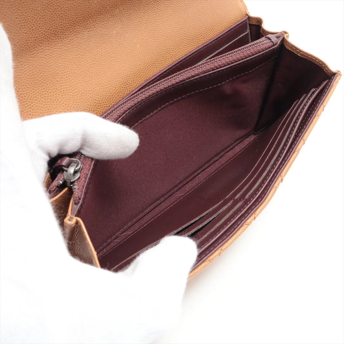 Matelassé Caviar Skin Long Wallet, Brown, Silver Hardware, 21495653 — view 6