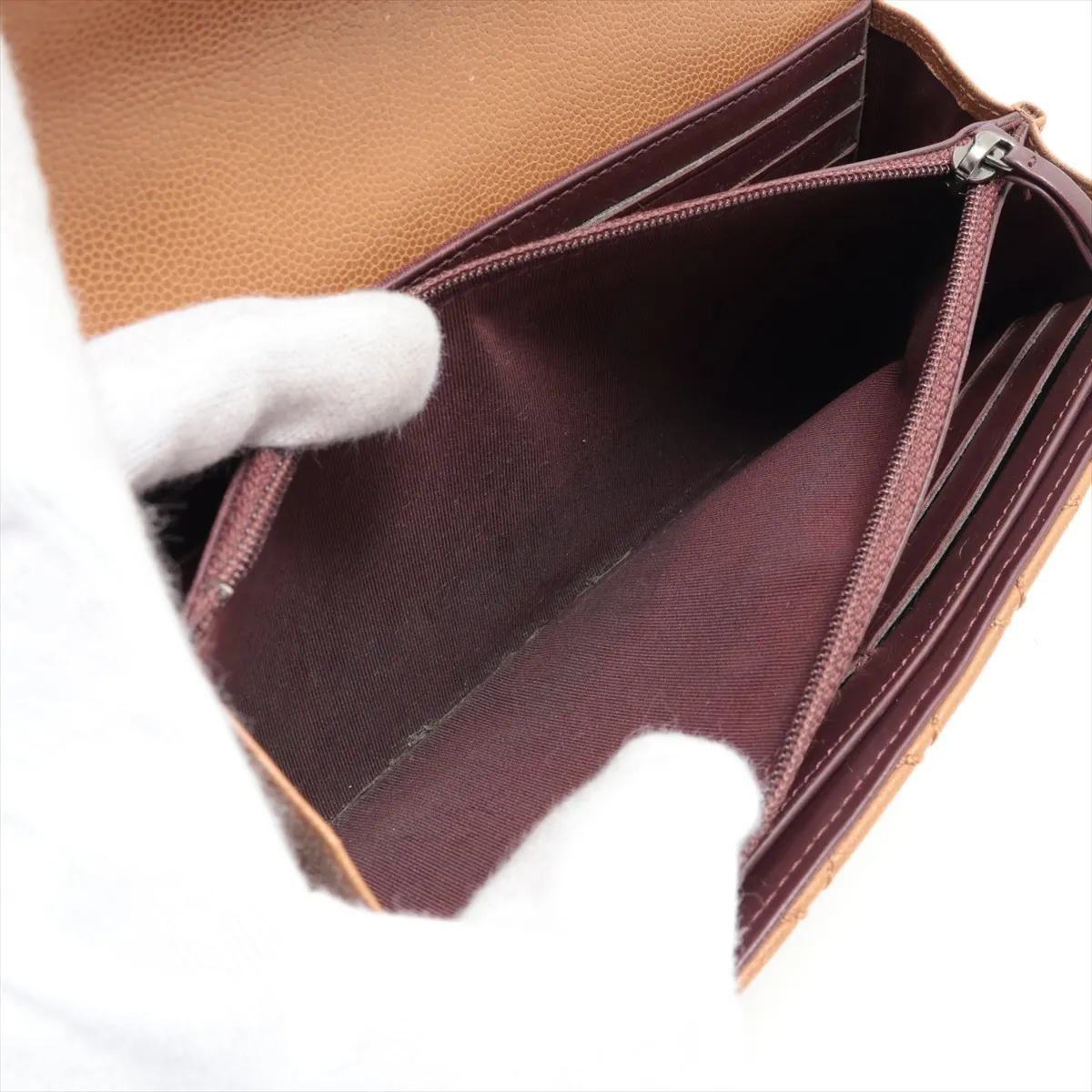 Matelassé Caviar Skin Long Wallet, Brown, Silver Hardware, 21495653 — view 8