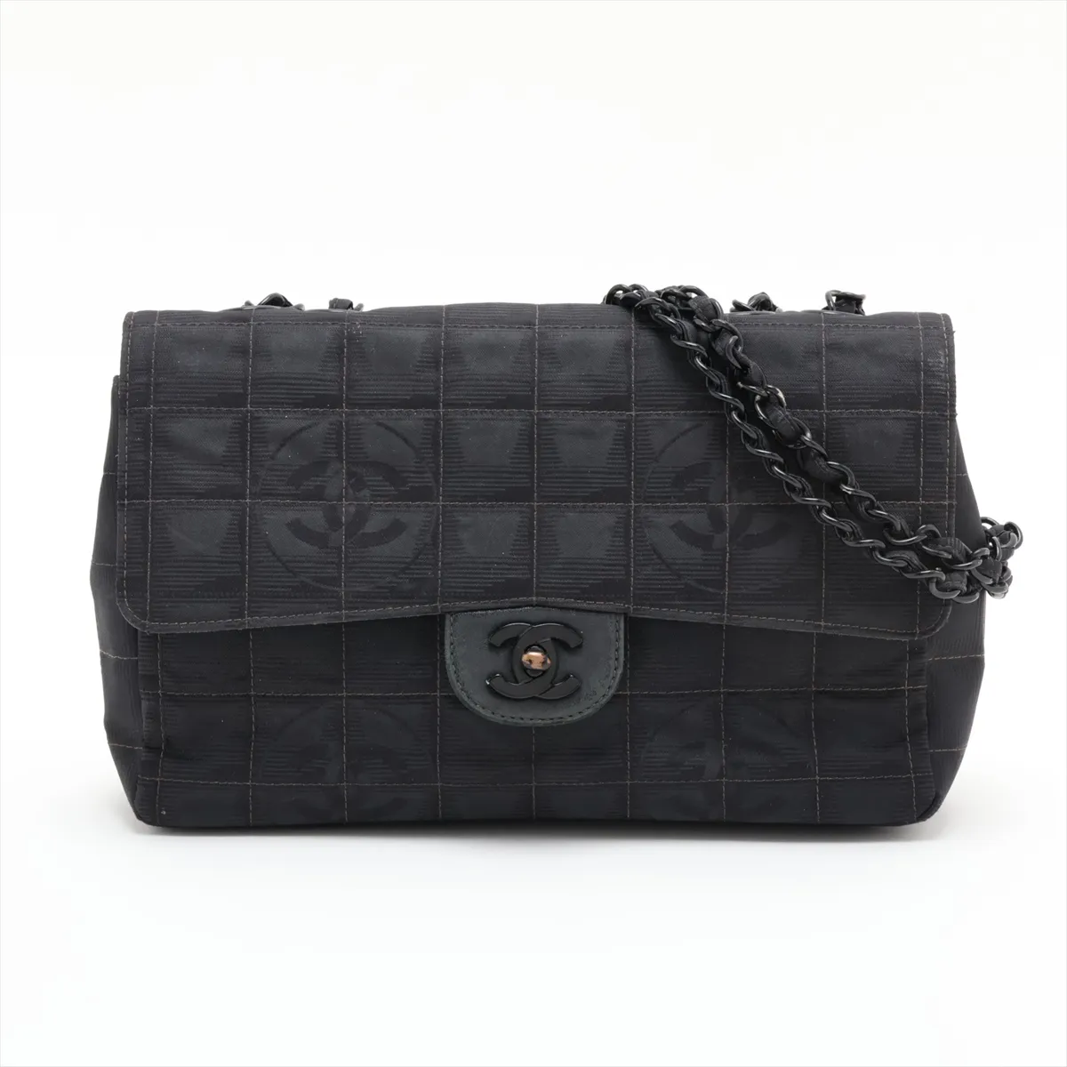 New Travel Line Nylon Single Flap Double Chain Bag, Black with Black Hardware, 7158544 (Serial Number 7)