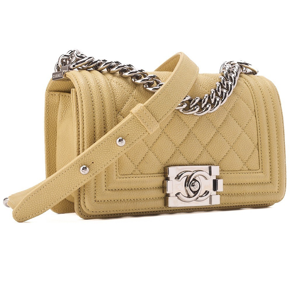 Caviar leather Boy Chanel 20 chain shoulder bag, yellow, silver hardware. — view 3