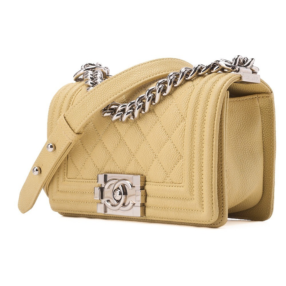 Caviar leather Boy Chanel 20 chain shoulder bag, yellow, silver hardware. — view 4