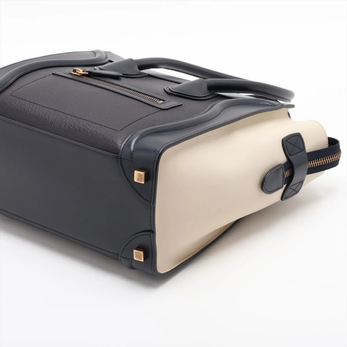 Luggage Micro Shopper Leather Handbag, Navy x Beige — view 3