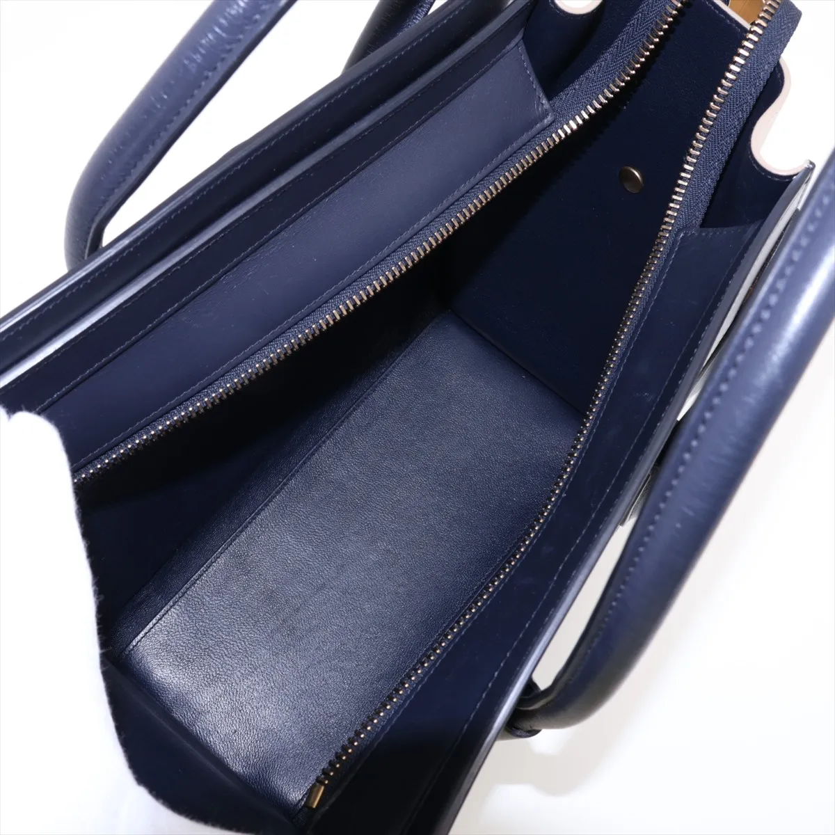Luggage Micro Shopper Leather Handbag, Navy x Beige — view 7