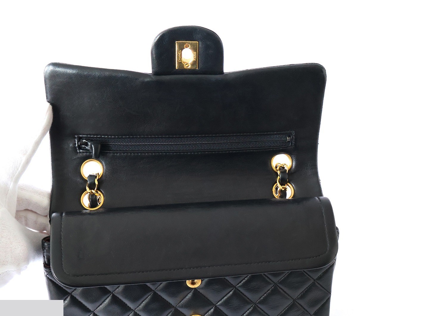 Matelassé 23 Lambskin Double Flap Double Chain Shoulder Bag, Black — view 10