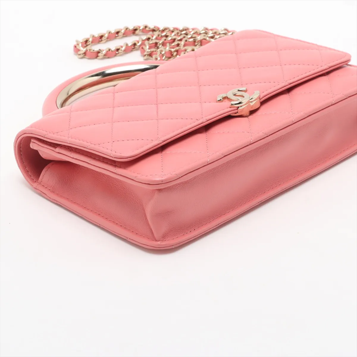 Matelassé Lambskin 2-Way Shoulder Bag, Top Handle, Pink, Gold Hardware, KG8GLEXK, Random Plate — view 4