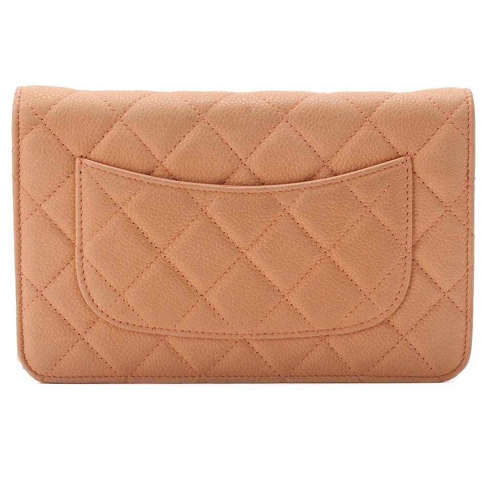 Caviar leather matelassé chain wallet, salmon pink — view 2