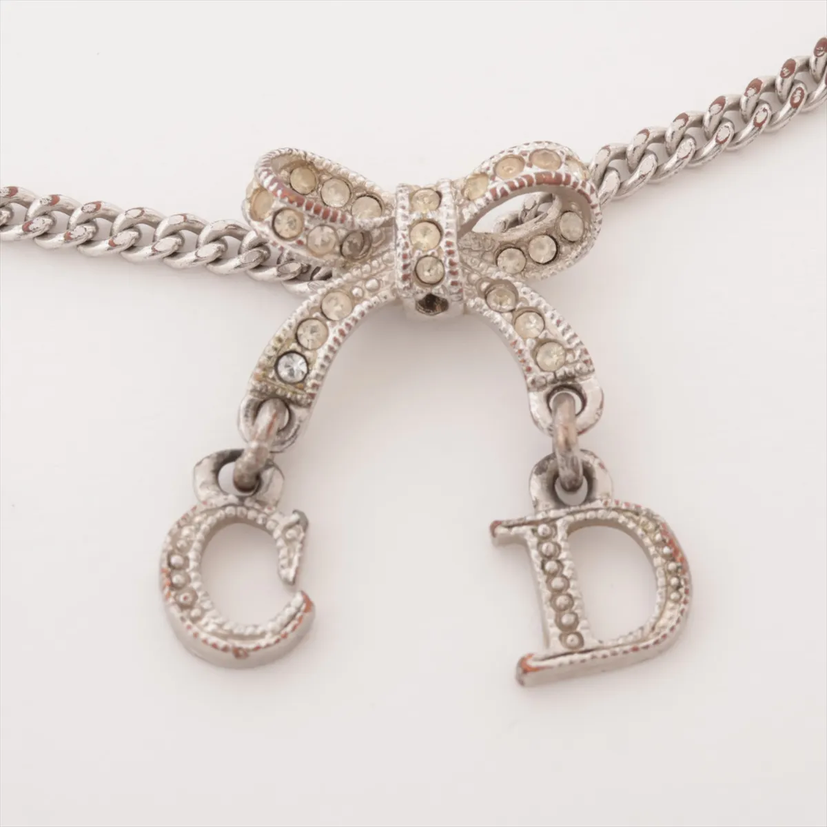 CD Ribbon Bracelet, Metal x Rhinestone, Silver. Shows signs of wear: — view 2