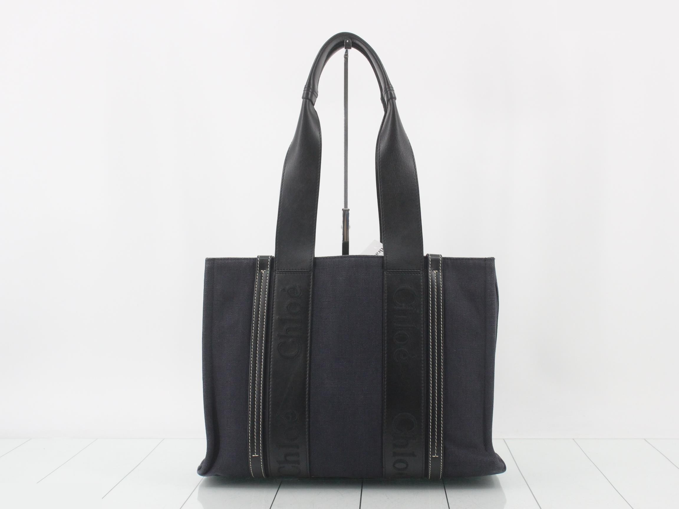 Woody Canvas/Leather Tote Bag, Navy/Black — view 2