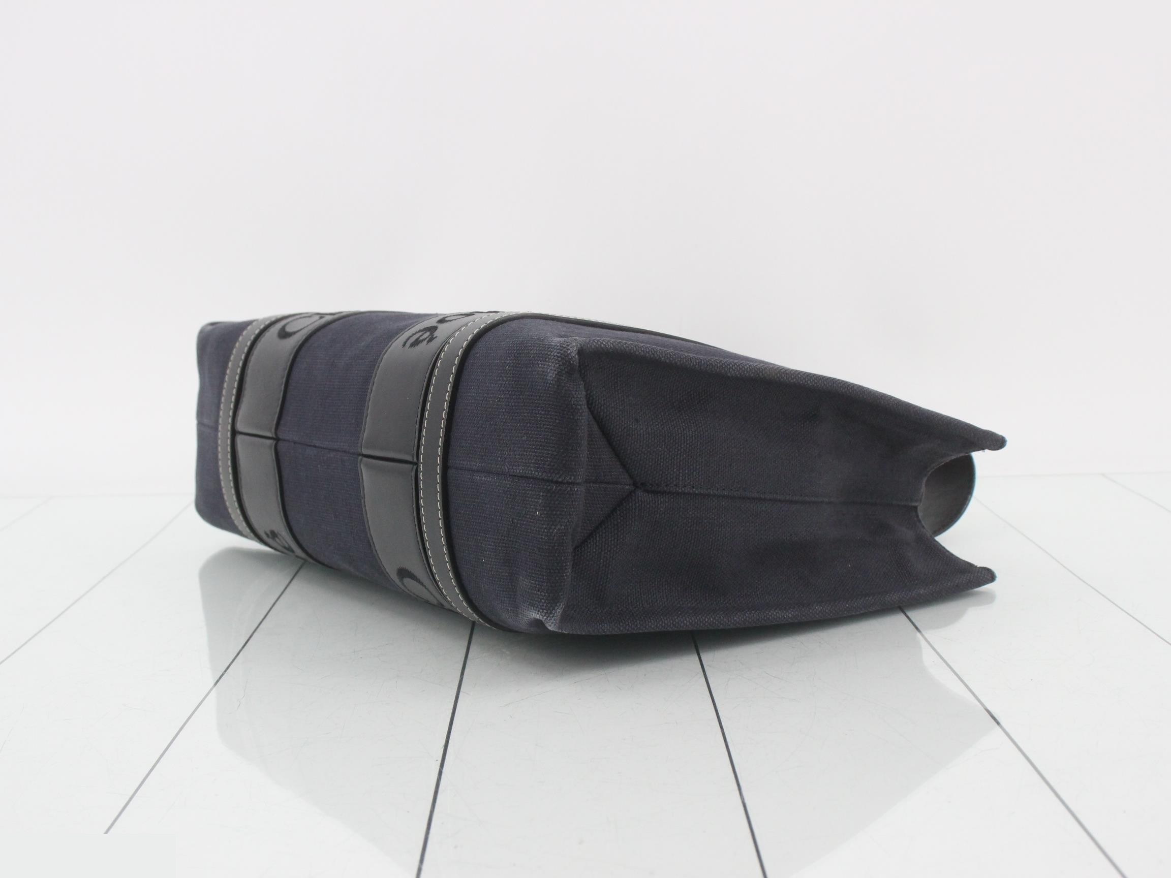 Woody Canvas/Leather Tote Bag, Navy/Black — view 6