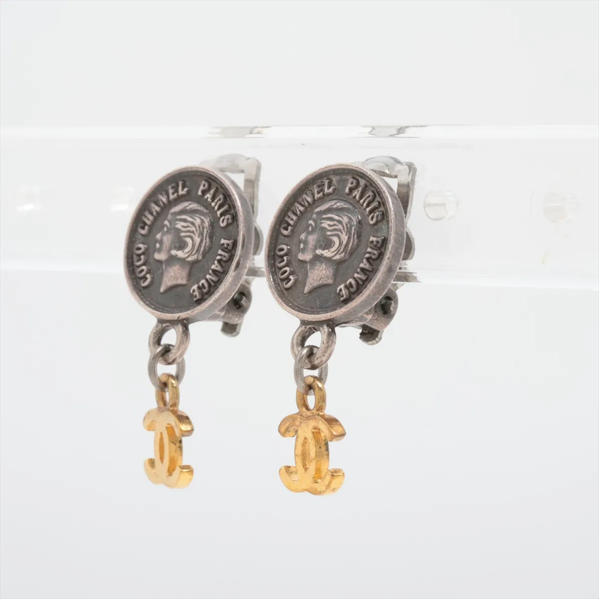 Coco Mark 96P Earrings (Pair) GP Gold x Silver. Shows wear, tarnishing, — view 3