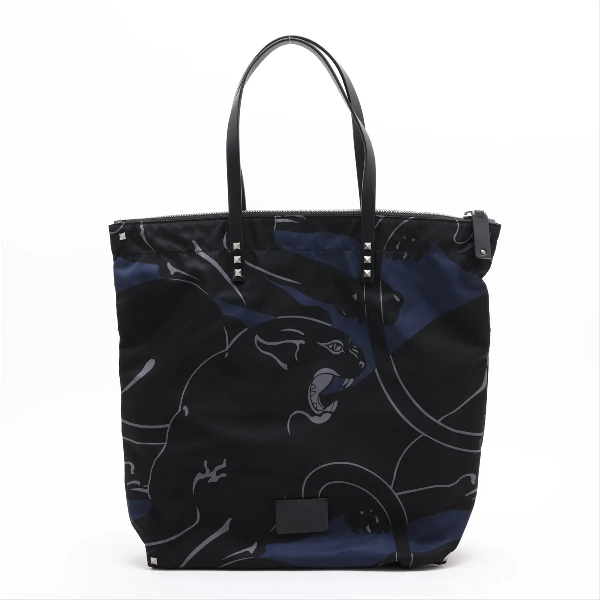 Rockstud Nylon x Leather Tote Bag, Black x Navy — view 2