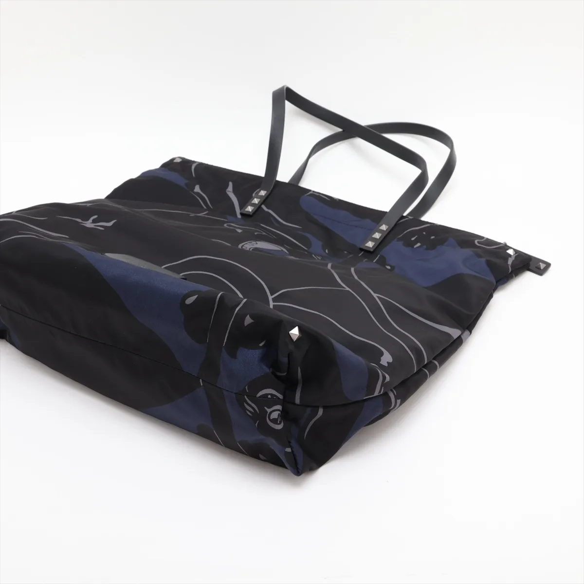 Rockstud Nylon x Leather Tote Bag, Black x Navy — view 3