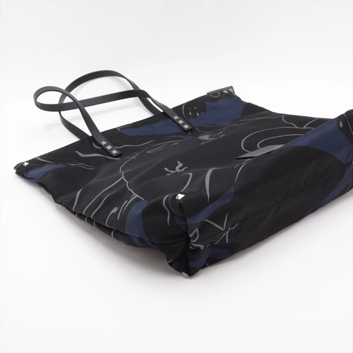 Rockstud Nylon x Leather Tote Bag, Black x Navy — view 4