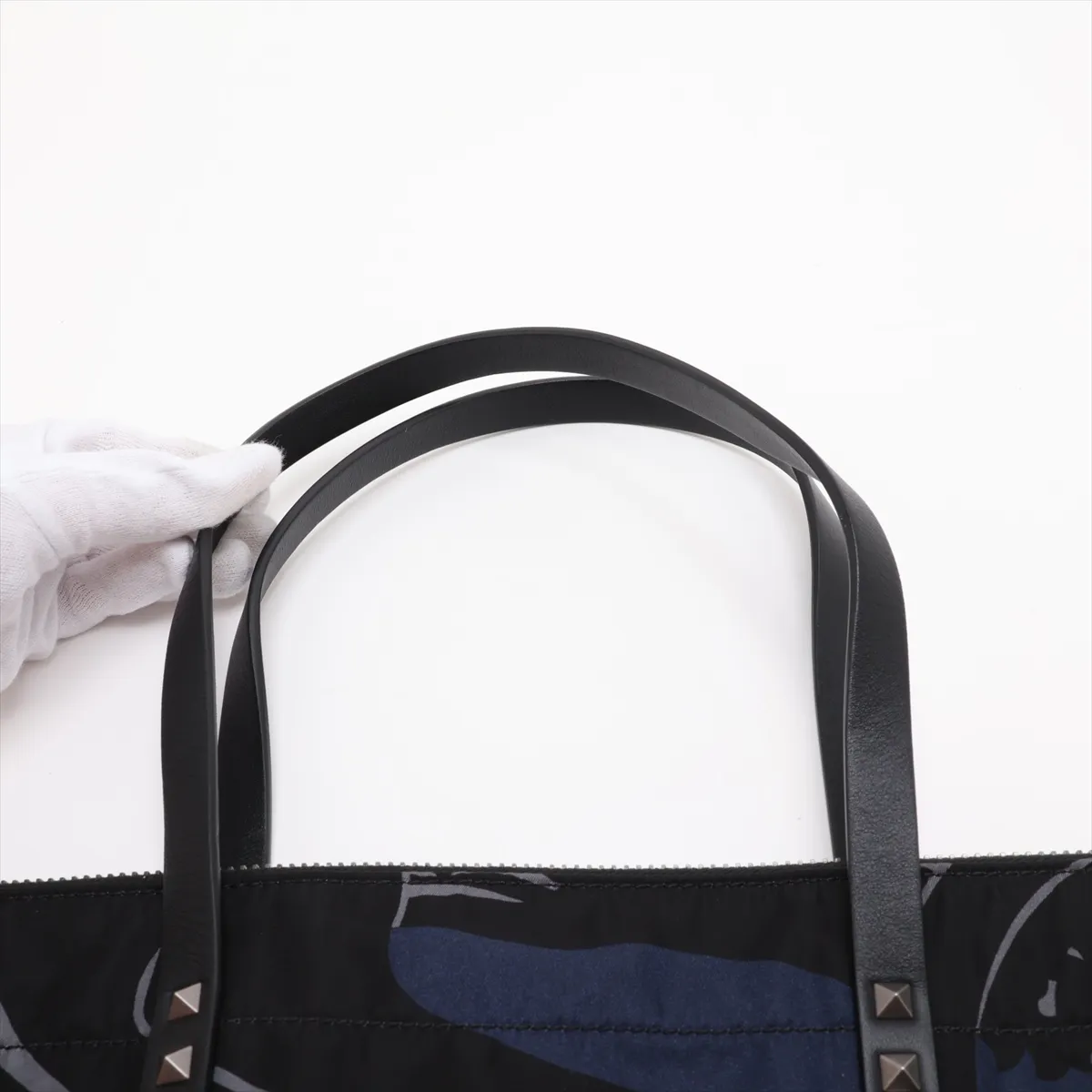 Rockstud Nylon x Leather Tote Bag, Black x Navy — view 6