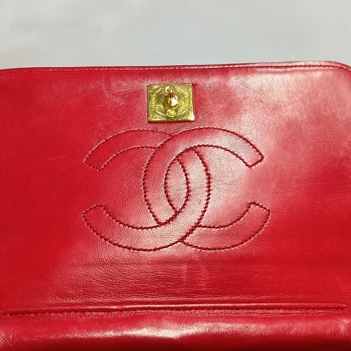 Matelassé Lambskin Chain Shoulder Bag, Red with Gold Hardware, Interior Repaired. — view 13