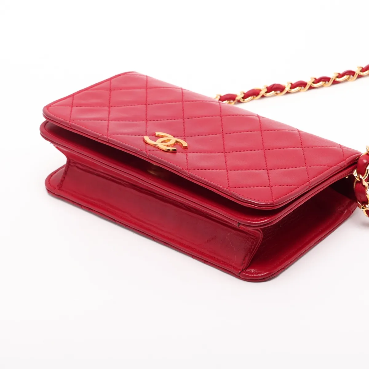 Matelassé Lambskin Chain Shoulder Bag, Red with Gold Hardware, Interior Repaired. — view 3