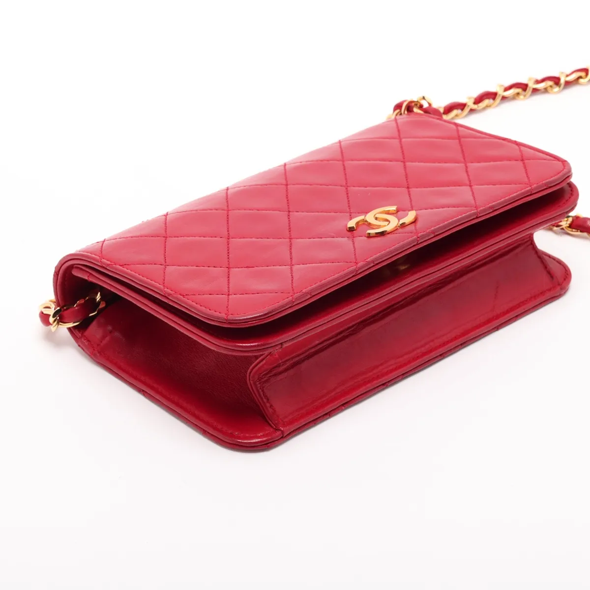 Matelassé Lambskin Chain Shoulder Bag, Red with Gold Hardware, Interior Repaired. — view 4