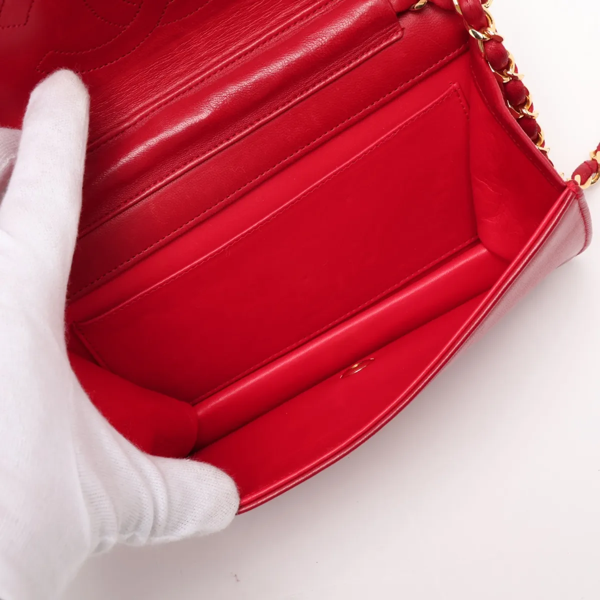 Matelassé Lambskin Chain Shoulder Bag, Red with Gold Hardware, Interior Repaired. — view 6