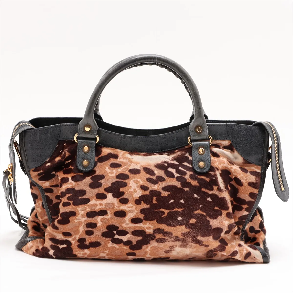 The City Calf Hair x Leather 2-Way Handbag, Leopard Print x Green, 115748, with Mirror — view 2