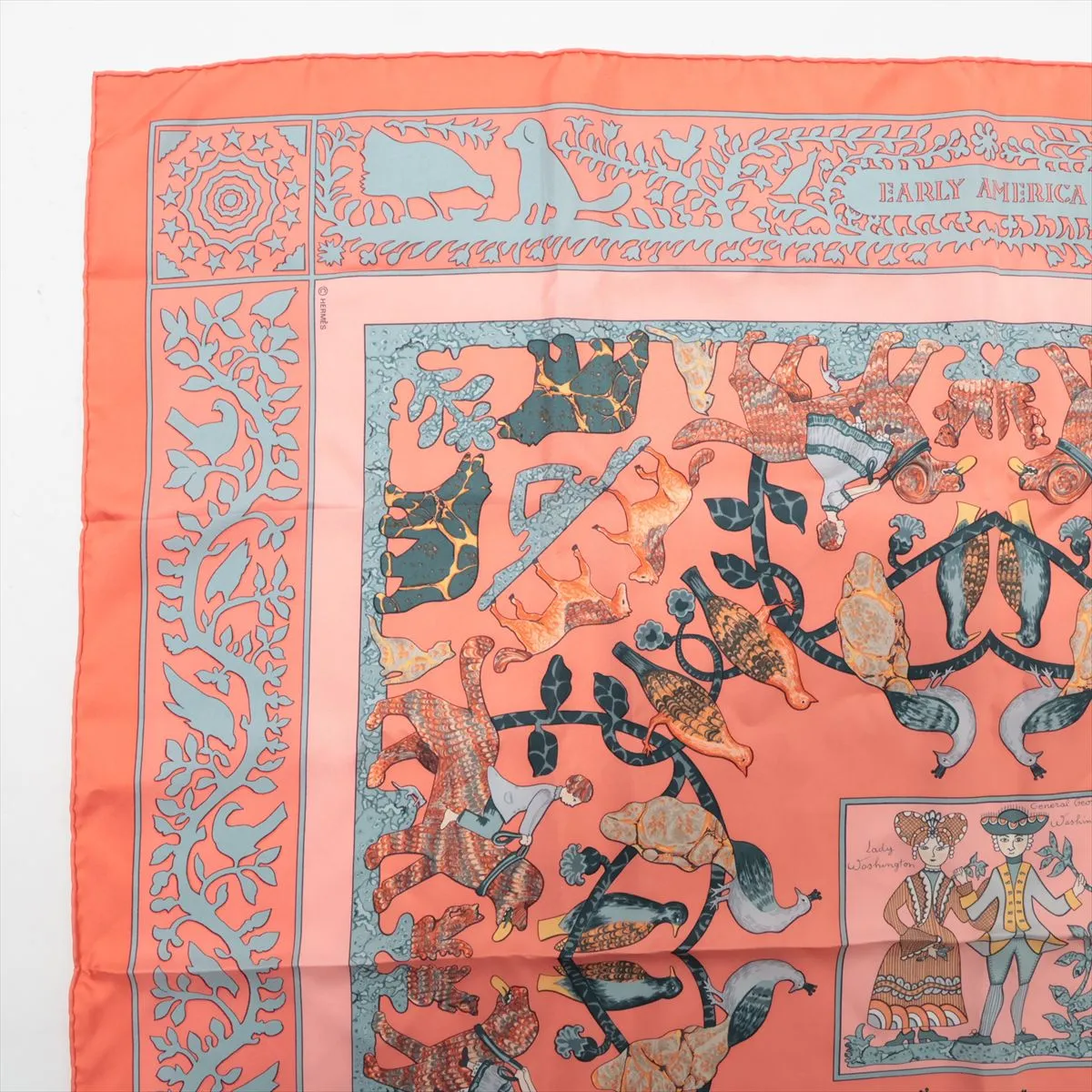 Carre 90 EARLY AMERICA scarf, silk, orange. Shows signs of wear, including snags, — view 2