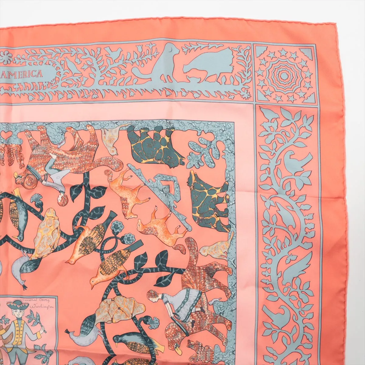 Carre 90 EARLY AMERICA scarf, silk, orange. Shows signs of wear, including snags, — view 3