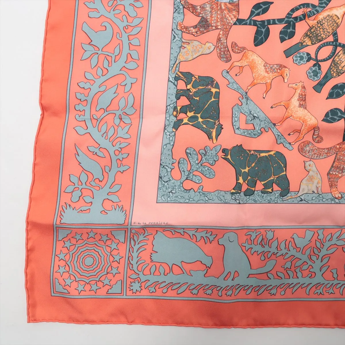 Carre 90 EARLY AMERICA scarf, silk, orange. Shows signs of wear, including snags, — view 5