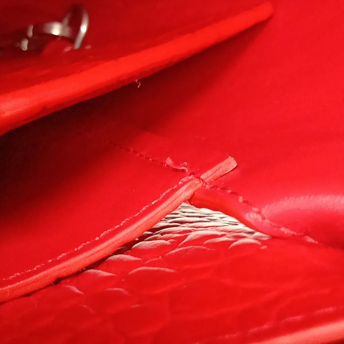 Doll Crocodile Embossed Handbag, Red — view 13