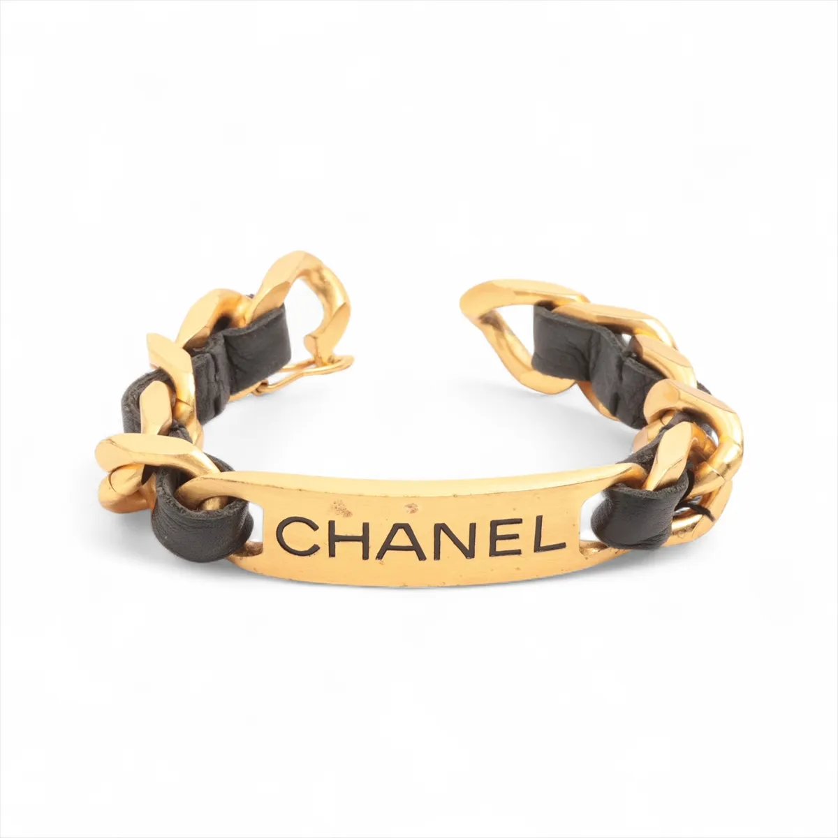 logo bracelet, 95A, GP x leather, black x gold. Shows signs of wear including