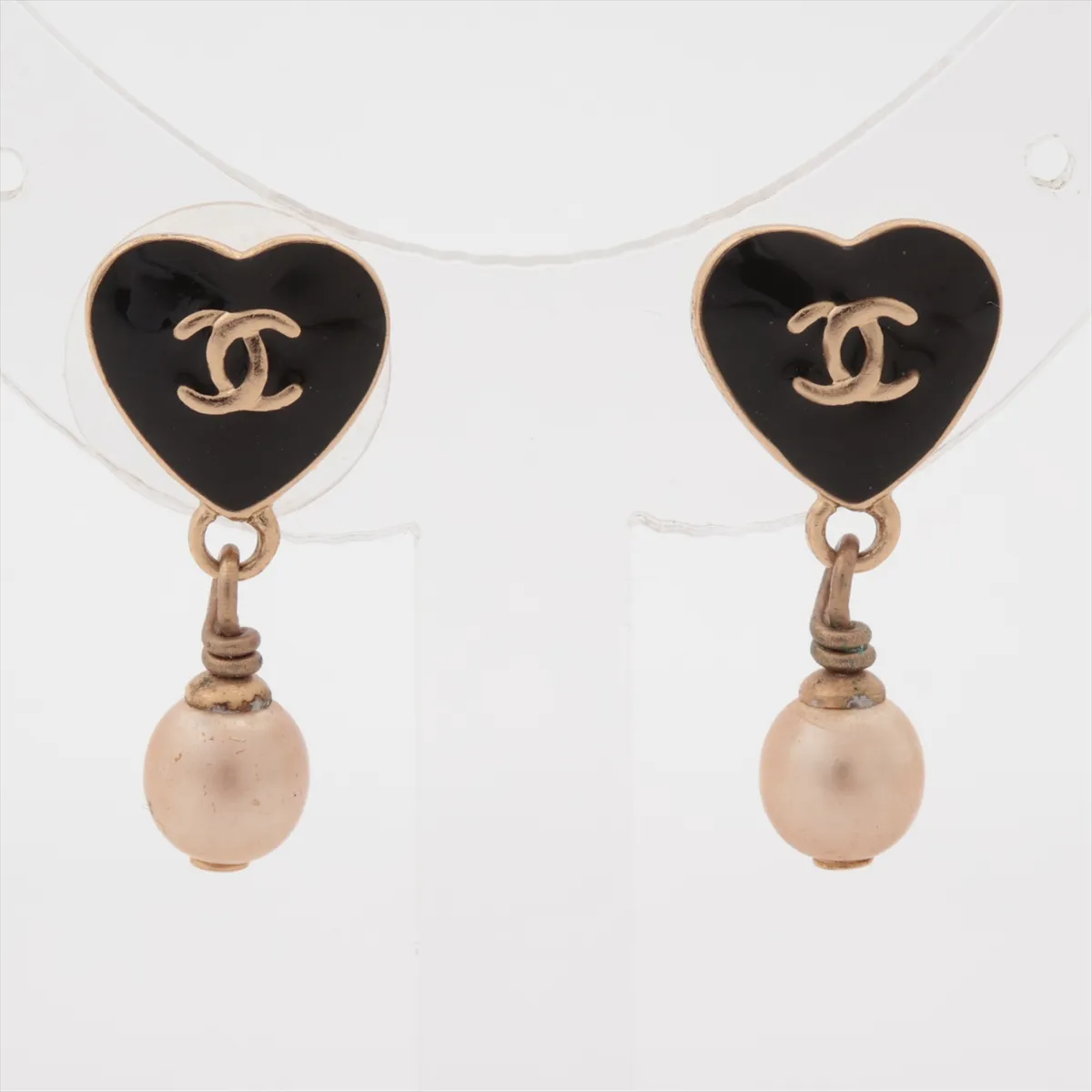 Coco Mark Heart 04A Earrings (Pair) GP x Faux Pearl Black x Gold