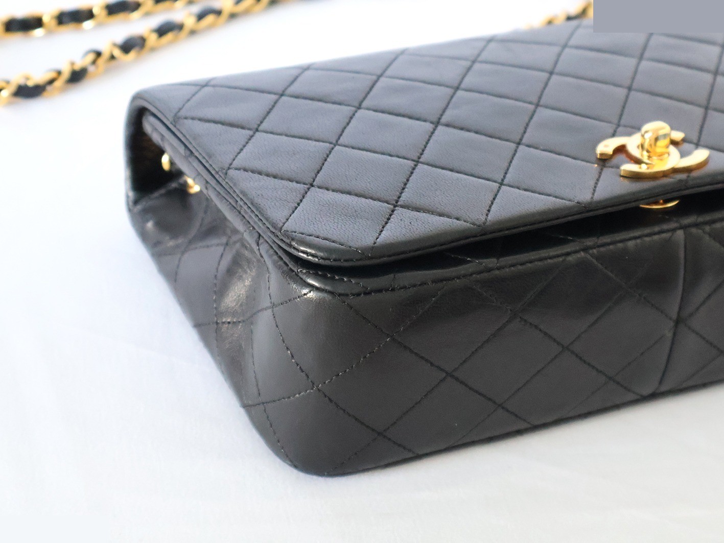 Full flap matelassé lambskin chain shoulder bag, black — view 3