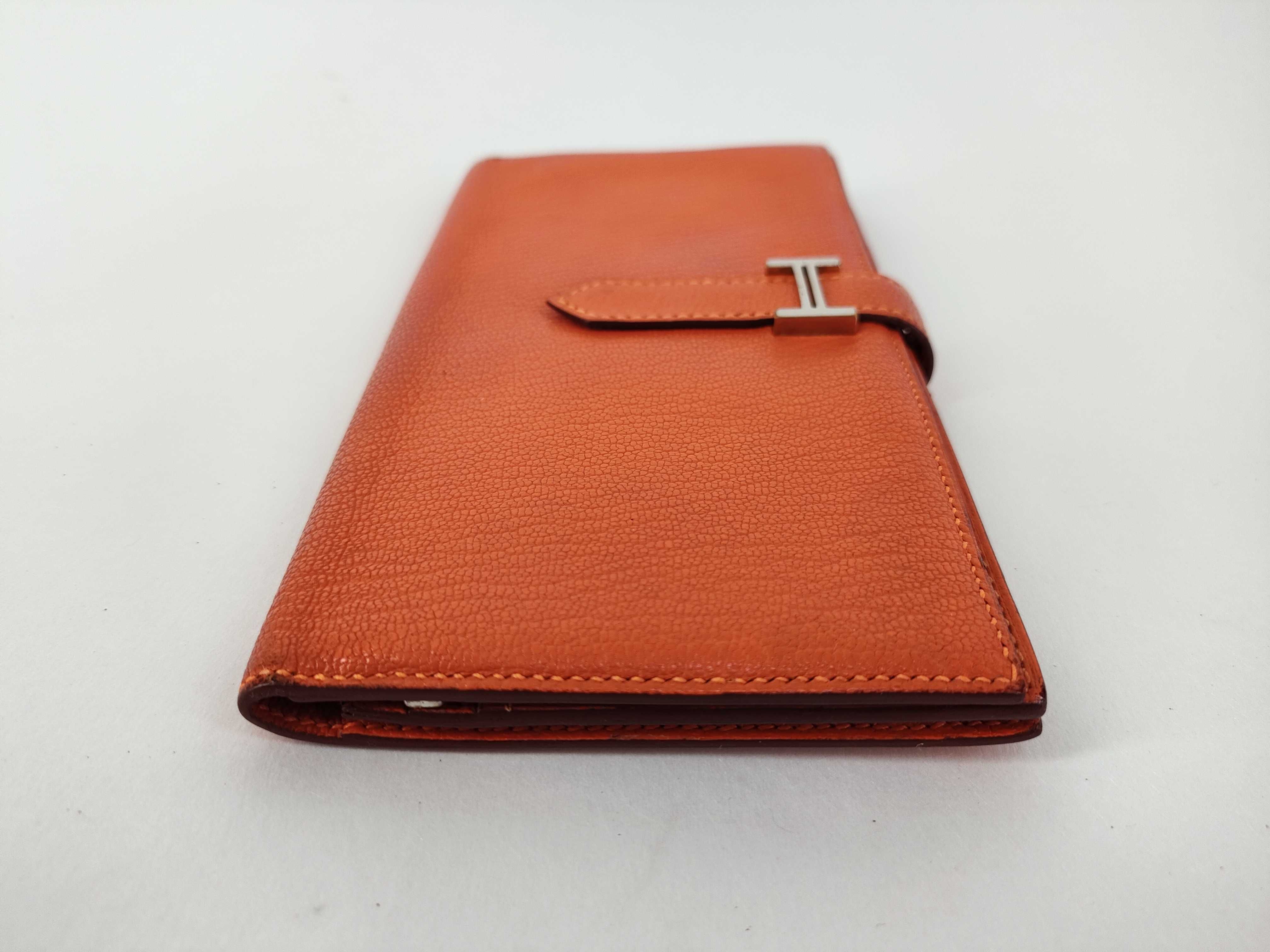 Bearn Soufflé Chevre Leather Long Wallet, Orange, Silver Hardware, T Stamp — view 6