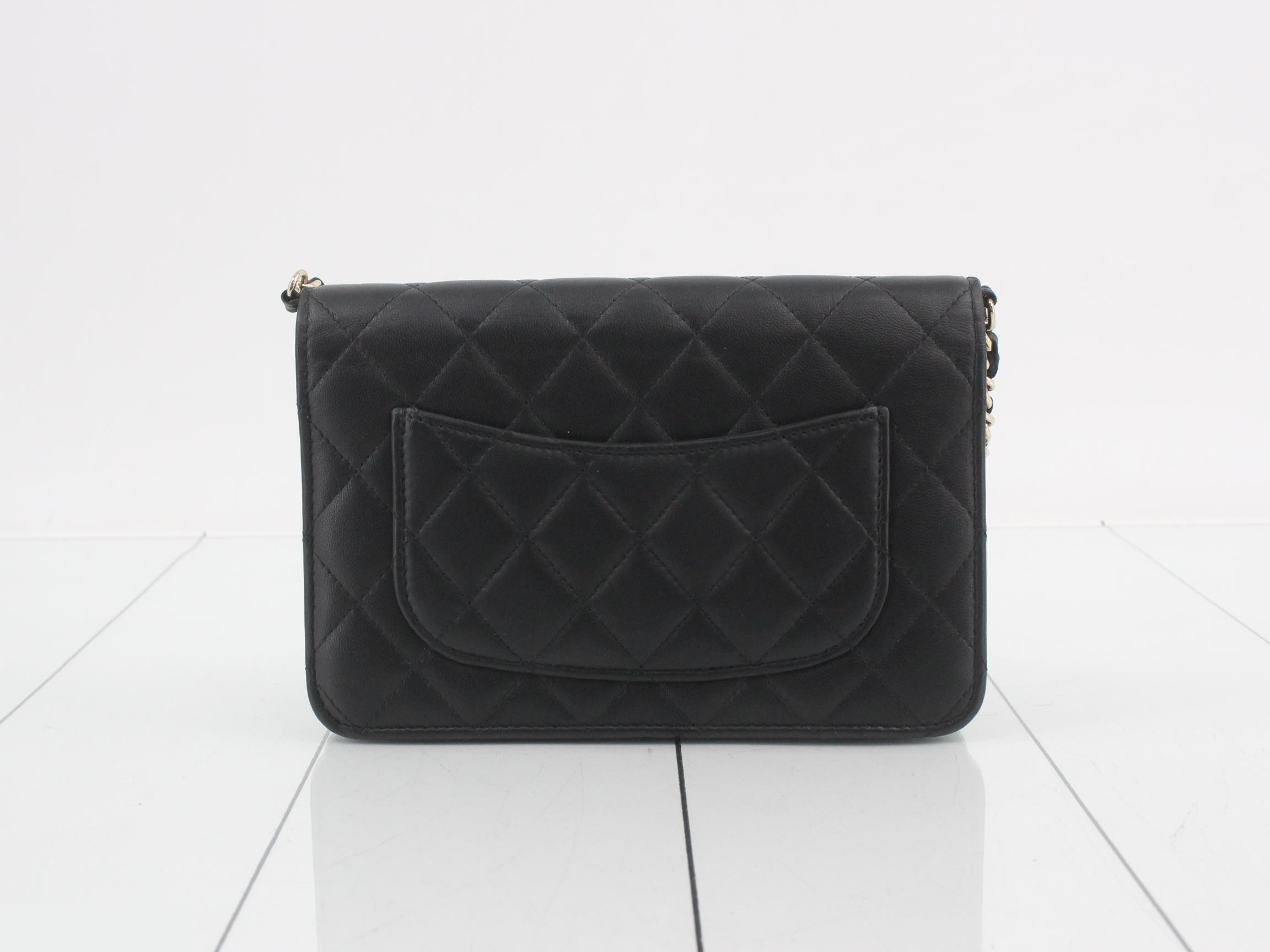 Matelassé Pearl Chain Wallet, Lambskin, Black — view 2