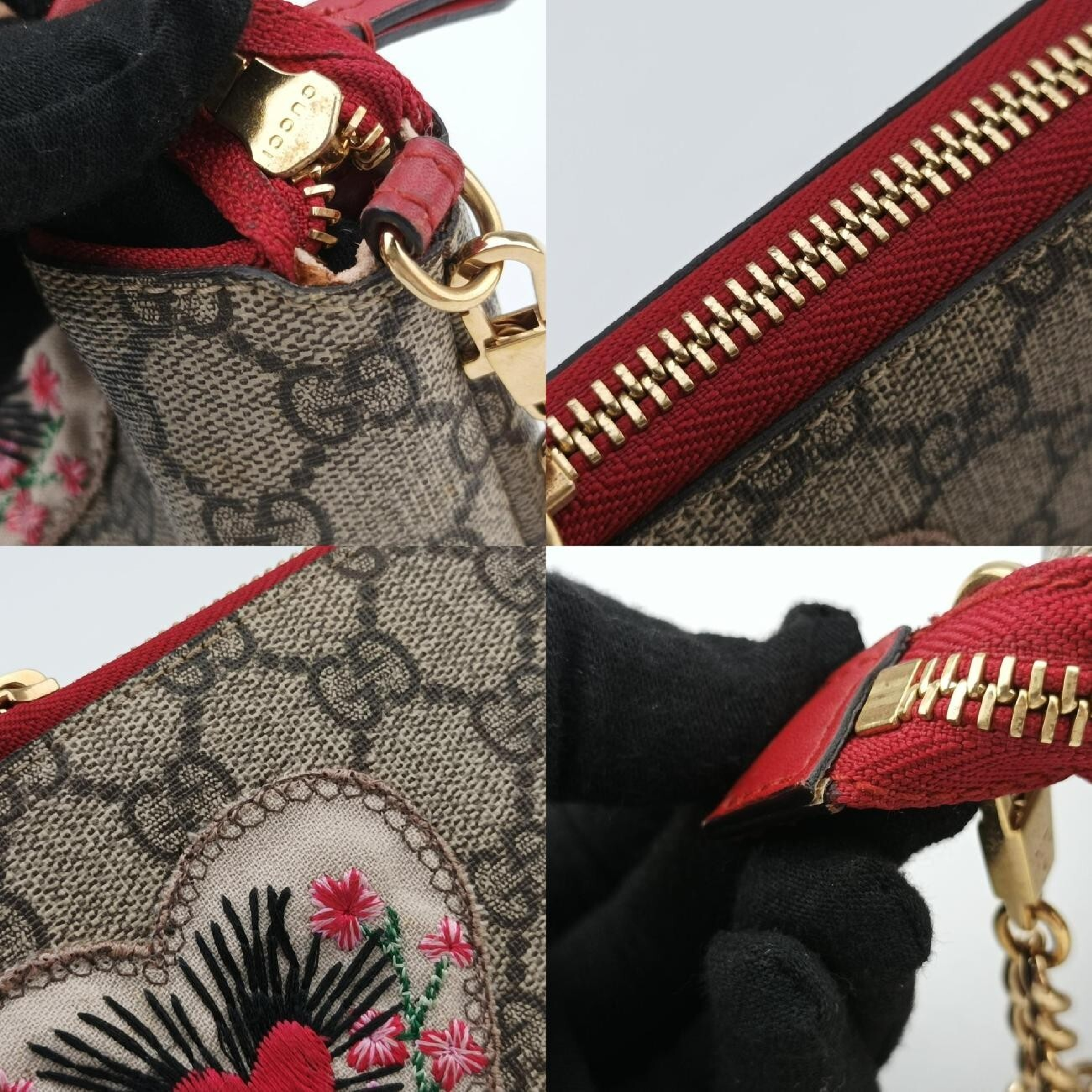 GG Supreme Heart Chain Pochette, Beige x Red, PVC Coated Canvas, 456866 Handbag — view 9