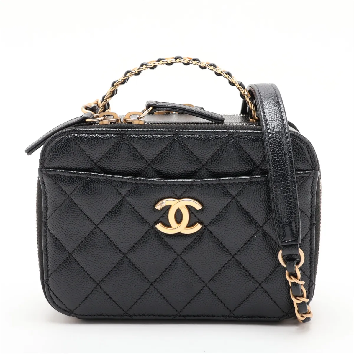 Matelassé Caviar Skin 2-Way Handbag, Top Handle, Black with Gold Hardware, TKH08J39, Random Plate